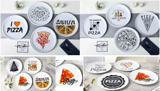 Juego de platos de cerámica con temática de pizza.